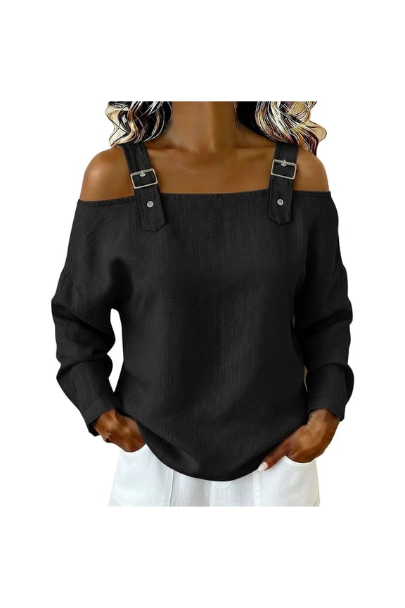 Off Shoulder Denim Shirt With BucklesCute Simple Tops Off Shoulder Denim Shirt With Buckles Crop Top Off Shoulder Casual Off The Shoulder Tops For Women Off The Shoulder Short Sleeve