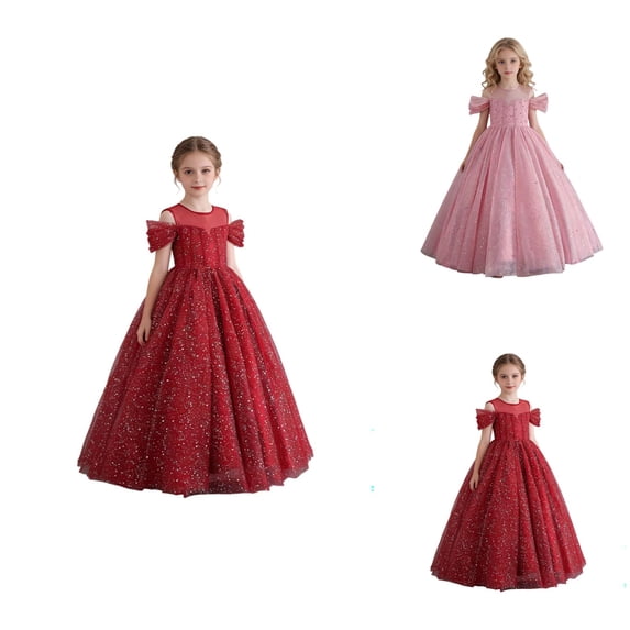 Off Shoulder Dress for Girls Party Gown with Ruffled Tulle Skirt, Sparkly Formal Evening Gown for Pageant, Wedding Flower Girl, Recital, and Performance
