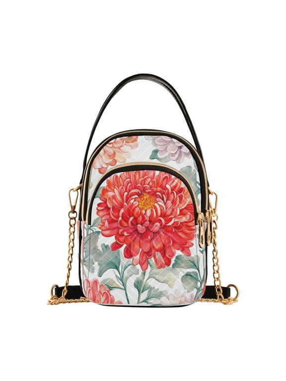 Shoulder Handbag Women's Crossbody Handbags 5.91x3.15x8.27 Inch Bank Card Bag Cash Bag Key Bag Chrysanthemums Red