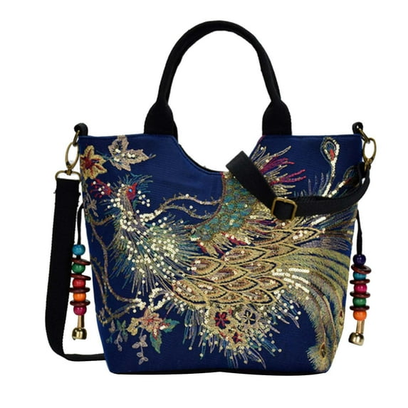 Shoulder Handbags for Women, Peacock Embroidery Handbag, Retro Canvas Party Purse with Bling Sequins Peacock Embroidered