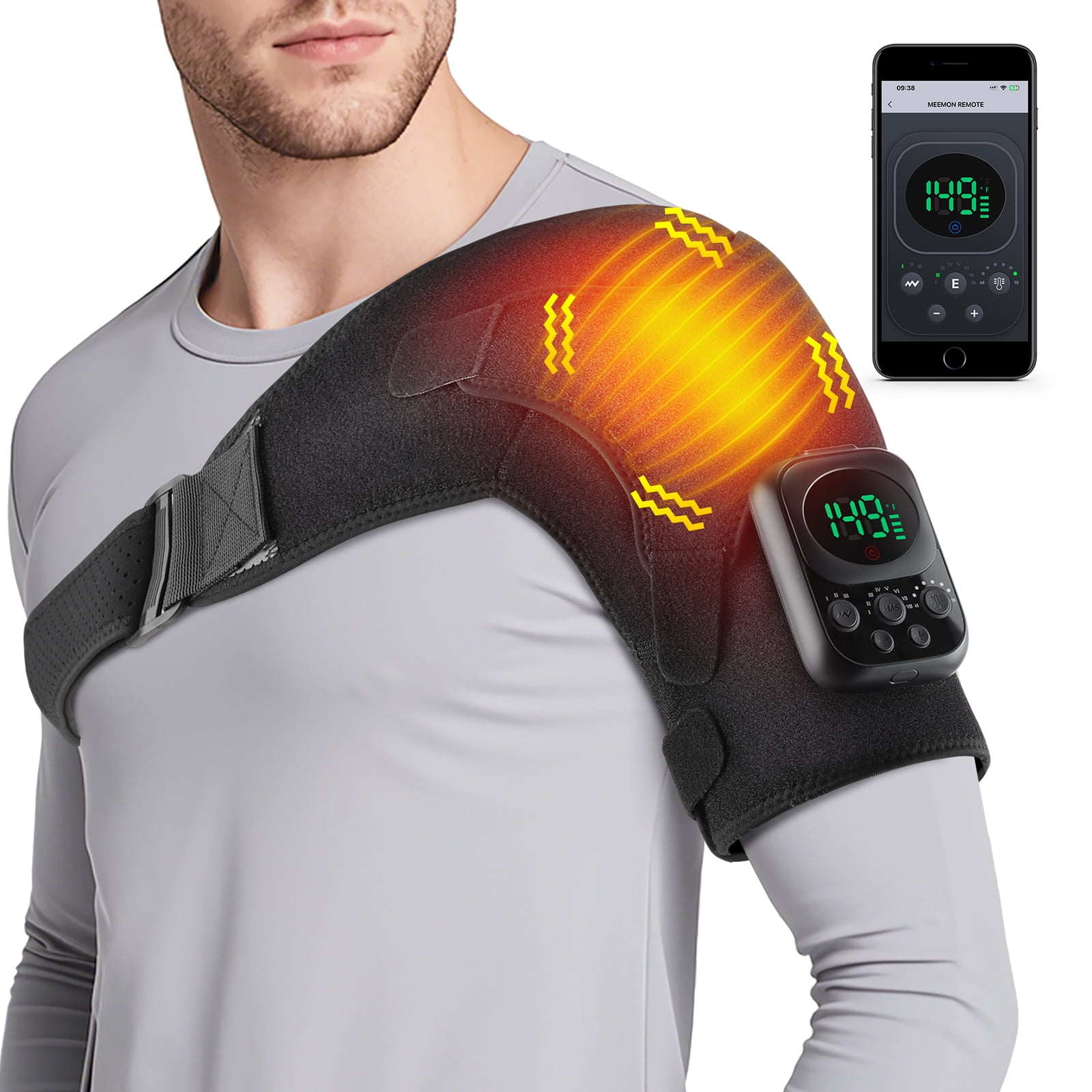 Cordless Shoulder Massager Wrap - 5000mAh App-Controlled Heating Pad with 6 Heat & 3 Vibration Modes, Adjustable Brace for Shoulder Discomfort Relief (Men/Women)