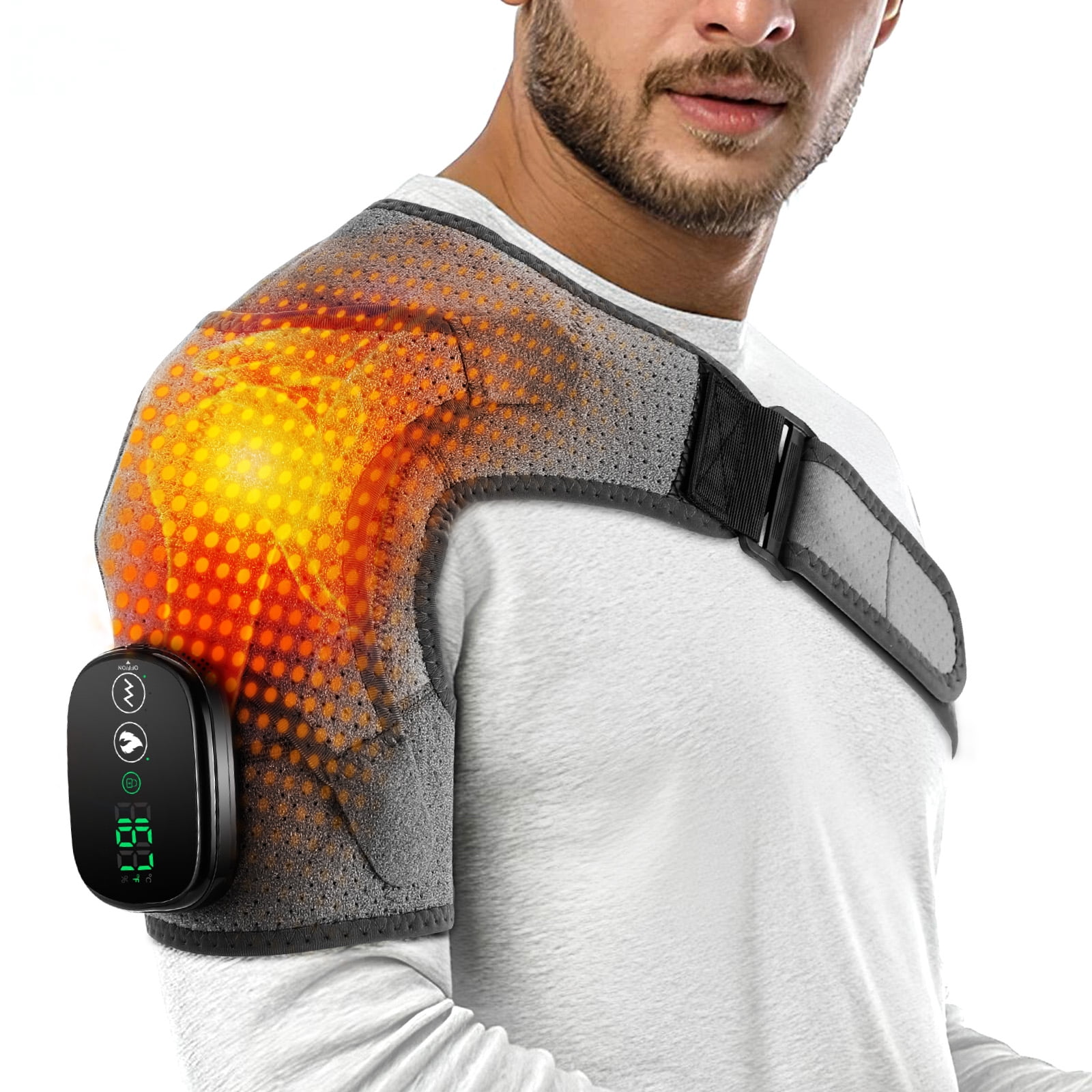 Shoulder Brace Wrap Massager, Cordless Shoulder Heating Pad for Muscle Relax, Electric Heated Shoulder Massage with 3 Heat & Vibration Settings for Women Men, Gray