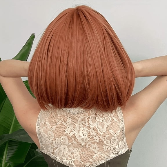 Shoulder-Length Short Wig, 15 Inches Orange, Natural Inward Curl, With Bangs and Rose-Shaped Hairnet