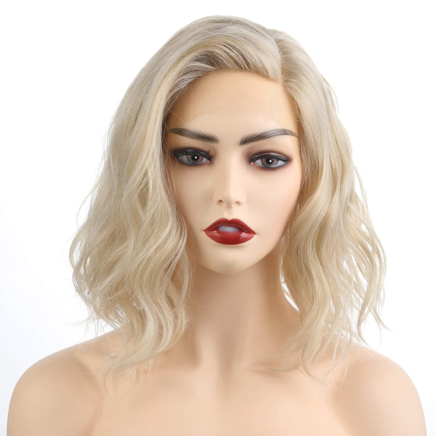 Shoulder Length Side Part Lace Front Short Wavy Hair Bob Wigs for Women (M6182 - Blonde Blended)