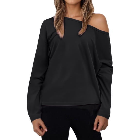 off Shoulder Long Sleeve Top, Yigetop Womens Oversized Long Sleeve T Shirts 2025 Basic one Shoulder Neck Tee Fall Tops Casual Clothes off Shoulder Tops for Women Black L