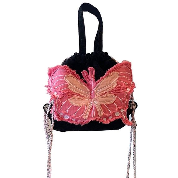 Shoulder Messenger Bag Butterflies Pattern Large Capacity Chain Straps Women Cloth Bag Black Free Size