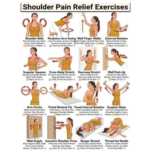 Shoulder Pain Relief Exercises poster Rotator Cuff Stretches, Shoulder Impingement Relief Exercise Rehab, Stretches For Shoulder Mobility Poster