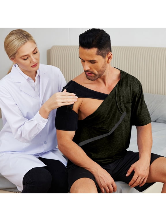 Shoulder Post Surgery Recovery Shirts for Men Full Tear Away Short Sleeve T Shirt Adaptive Chemo Clothing Army Green S