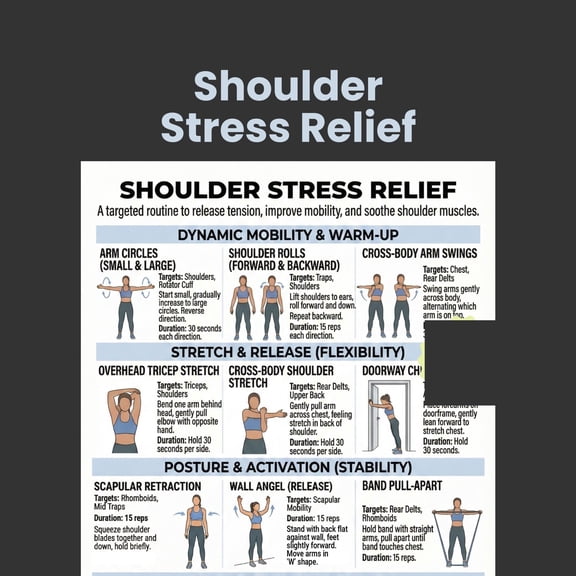 Shoulder Pressure Relief Stretching Poster, Shoulder Pain Relief Poster, Flexibility Exercise Poster