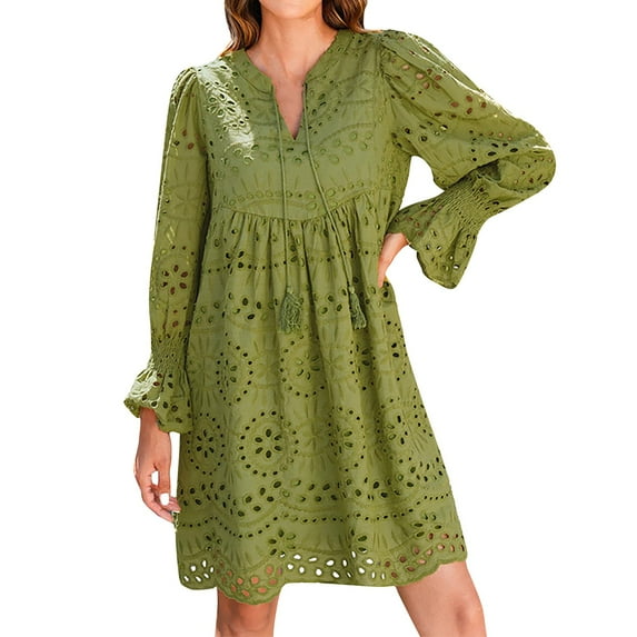 Off The Shoulder Prom Dress, Eyelet Easter Embroidery Lace Long Sleeve V Neck Casual Boho Beach Vacation Wedding Guest Dresses Black Plus Size Ivory Dress For Casual Dresses (XXL, Army Green) ZMTing