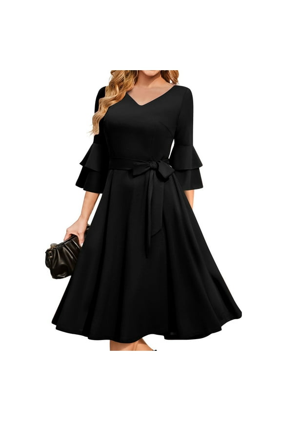 Off The Shoulder Prom Dress, Formal Wedding Guest Elegant Bell Sleeve Cocktail Party Church Midi Evening Dress Long Sweater For Women Shirt Dresses Cocktail Maxi Dresses (XL, Black) ZMTing