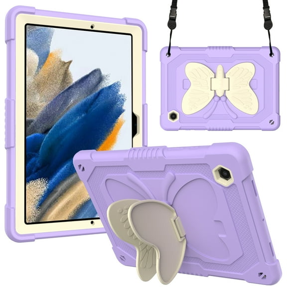 With Shoulder Strap Case for Samsung Galaxy Tab A8 10.5-inch SM-X200 X205 X207 (2022),Dteck Shockproof Rugged Rubber 3-Layers Protection Butterfly Case Kids Friendly Kickstand Cover,Beige+Purple