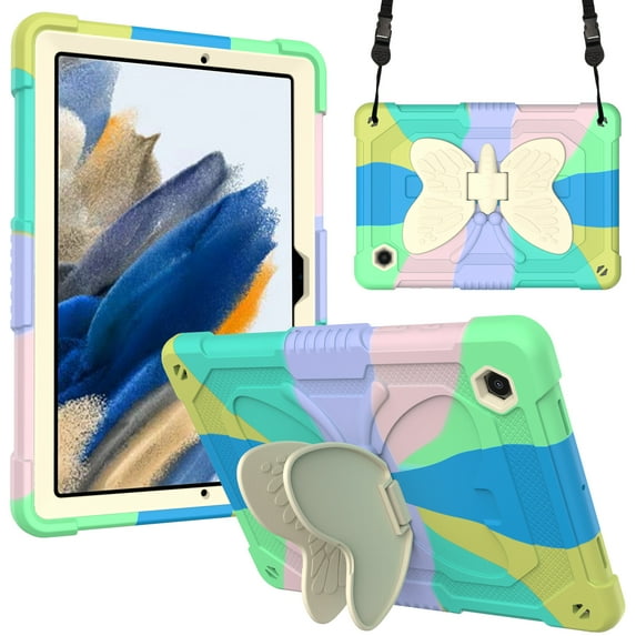 With Shoulder Strap Case for Samsung Galaxy Tab A8 10.5-inch SM-X200 X205 X207 (2022),Dteck Shockproof Rugged Rubber 3-Layers Protection Butterfly Case Kids Friendly Kickstand Cover,Beige+Green