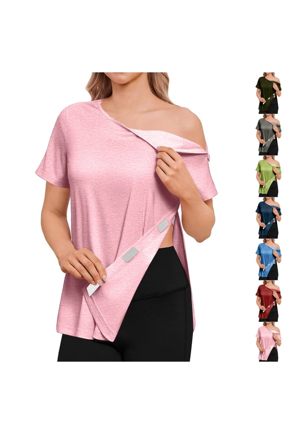 Shoulder Surgery Shirts for Women Short Sleeve Surgery Recovery Tops with 2 Shoulder Half Zippers Tear Away Tops Easy To Wear and Take Off Chemo Port Adaptive Cloth