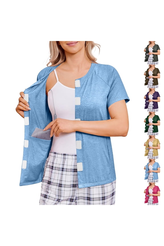 Shoulder Surgery Shirts for Women Short Sleeve Tear Away Side Velcro Shirts with Drain Pockets Rotator Cuff Tops Easy To Wear and Take Off Adaptive Clothing