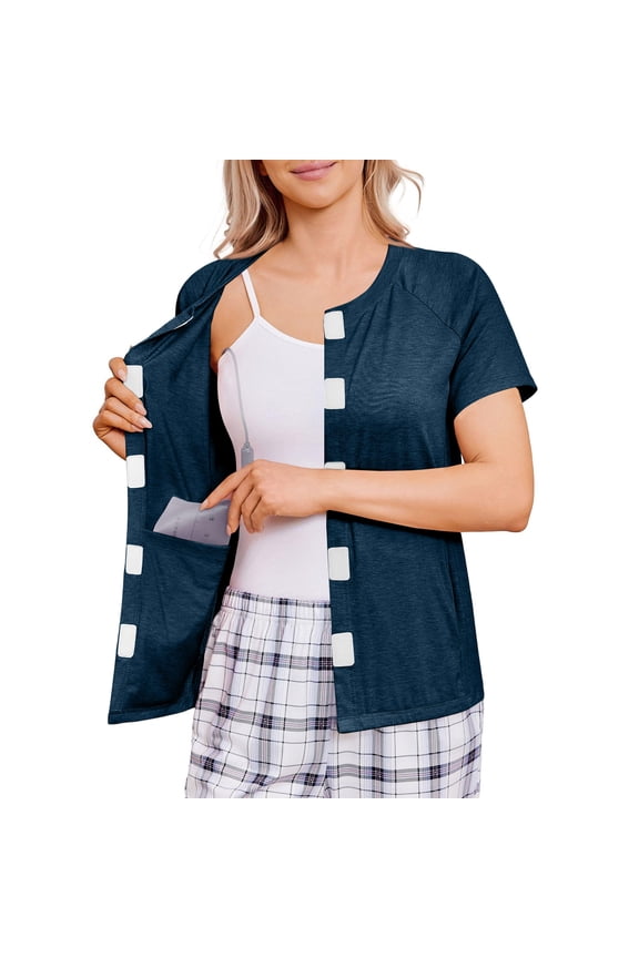 Shoulder Surgery Shirts for Women Short Sleeve Tear Away Tops with Drain Pockets Surgery Recovery Tops Easy To Wear and Take Off Chemo Port Adaptive Cloth