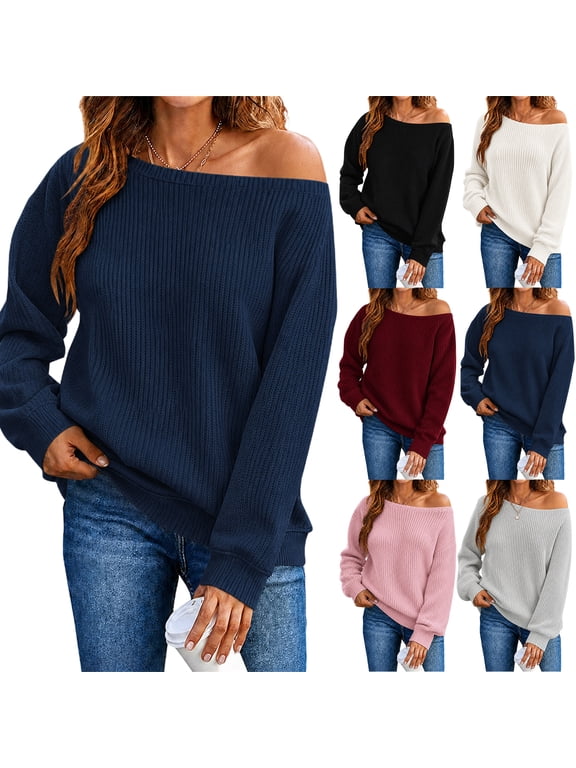 Off Shoulder Sweater for Women Knit Long Sleeve Oversized Pullover Loose Fit Ribbed Casual Top Wide Boat Neck Solid Slouchy Sweater Fall Winter Womens Top