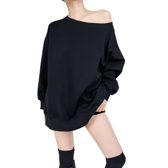off The Shoulder Sweatshirt, Yigetop Women's Fashion Solid Color Sweatshirt Casual Long Sleeve Oversized Fall Pullover Sweatshirts Over The Shoulder Sweater Black L