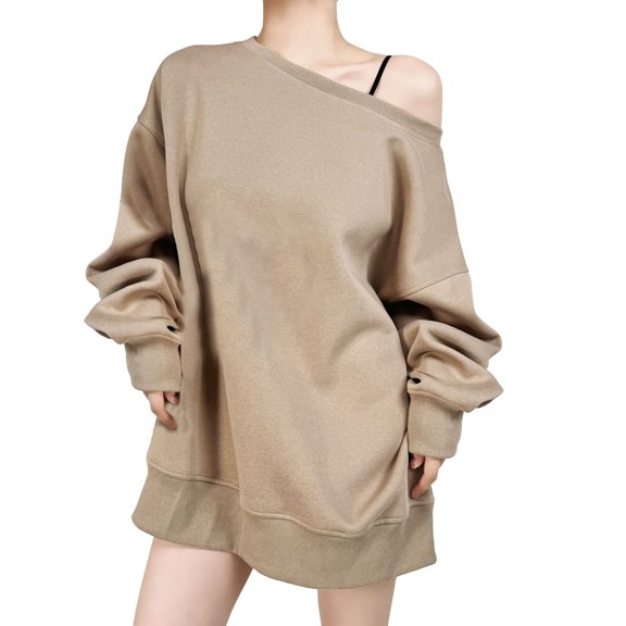 off The Shoulder Sweatshirt, Yigetop Women's Fashion Solid Color Sweatshirt Casual Long Sleeve Oversized Fall Pullover Sweatshirts Over The Shoulder Sweater Khaki L