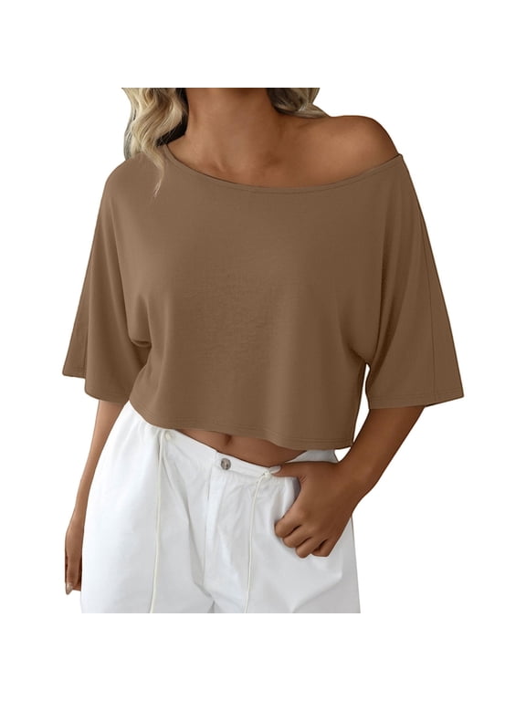 Off The Shoulder T Shirt,Batwing Sleeve Tops Workout T Shirt Cotton Off The Shoulder Top Over The Shoulder Tops Slouchy Top Cute Off The Shoulder Tops Boxy Crop Tee Shirts Party Tops