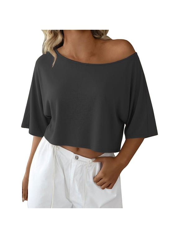 Off The Shoulder T Shirt,Boxy Crop Tee Shirts One Shoulder Workout Top Cut Off Shirts For Women Over The Shoulder Tops Asymmetrical Tops Slouchy Top Workout T Shirt Crop Tops For Women