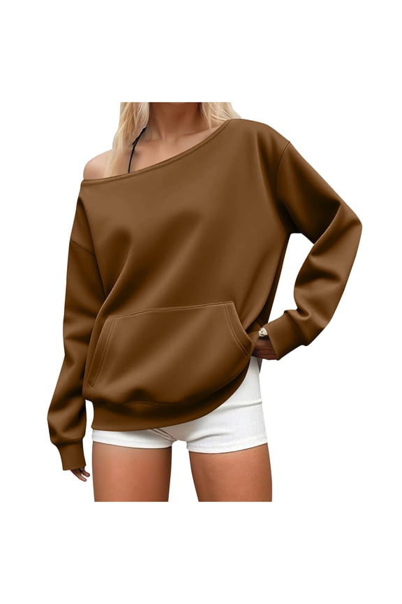 On Shoulder Top, Women's Casual Regular Fit Solid-Color Slanted-Shoulder Long-Sleeve Hoodie Jacket Top, Long-Sleeve Slanted-Shoulder Top/Shirt, Women Long Jacket