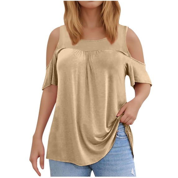 Off The Shoulder Tops,Plus Size Tops,Women's Plus Size Top Short Sleeved Basic Casual Round Neck Off Shoulder T-Shirt Loose Fitting Shirt,Womens Plus Size Tops