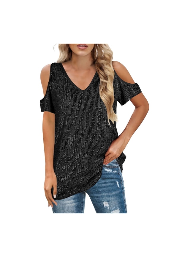 Off The Shoulder Tops for Women Sequin Tops Sparkly Glitter Shirts Party Evening Top Ladies Going Out Top Glitter Tunic Blouse Sparkle Short Sleeve Shirts Dressy Blouse for Club Party