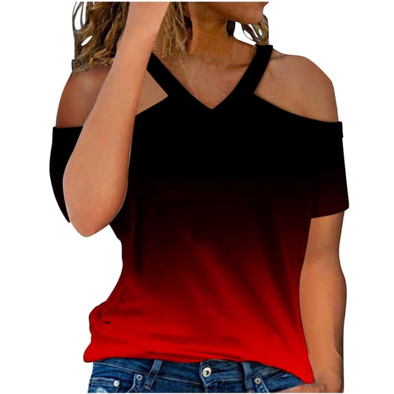 Off The Shoulder Tops,Women Summer Tops,Women's Summer Fashion Gradient Print-Neck Off Shoulder Casual Short Sleeved Top Short Sleeved-Neck Top/Shirt,Skirts for Women Short