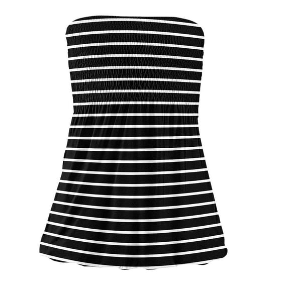 off The Shoulder Tops for Women, Yigetop Women Stripe Strapless Bandeau Tank Casual Sleeveless Summer Vacation Loose Holiday Tube Top Shirt Blouse Pleated Tunic Tanks Top Date Outfits Black 2XL