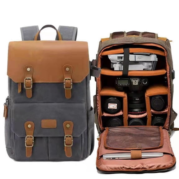 Shoulder Waterproof Large Capacity Batik Canvas British Backpack,Khaki combination two