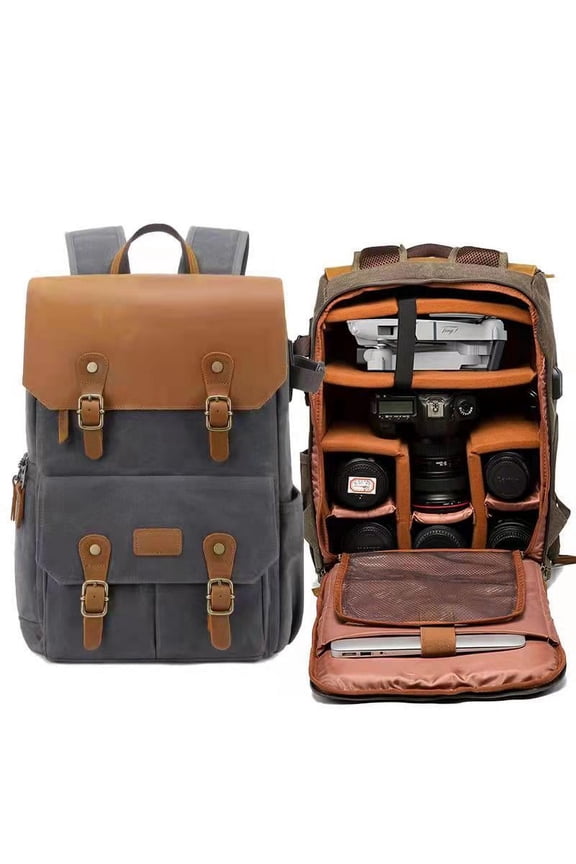 Shoulder Waterproof Large Capacity Batik Canvas British Backpack,Khaki combination two
