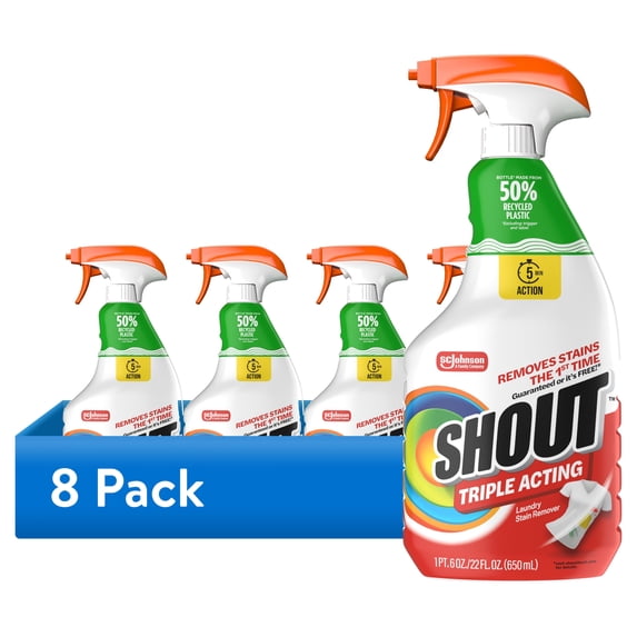 (8 pack) Shout Active Enzyme Laundry Stain Remover Spray, Triple-Acting Formula Clings, Penetrates, and Lifts 100+ Types of Everyday Stains - Prewash Spray 22oz