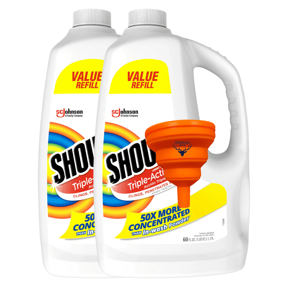 Shout Stain Remover Refill, Triple-Acting Spot Treatment 60 Fluid Ounce, (Pack of 2), with Dauntless Merch Easy Fill Funnel (color may vary)
