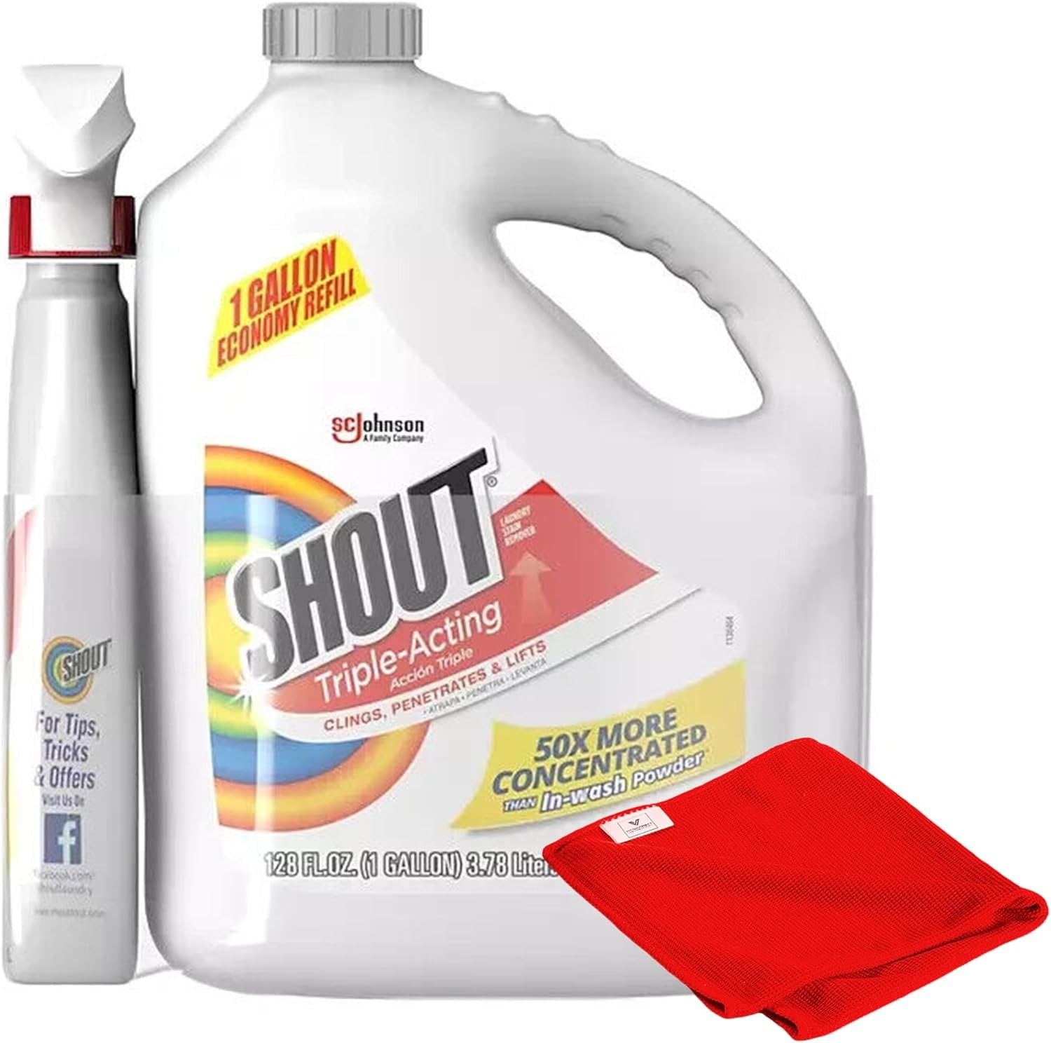 Shout Stain Remover Spray Advanced Triple Acting Laundry Spot Cleaner, 1 Gallon Refill, 22 Oz Spray and Microfiber Cleaning Cloth
