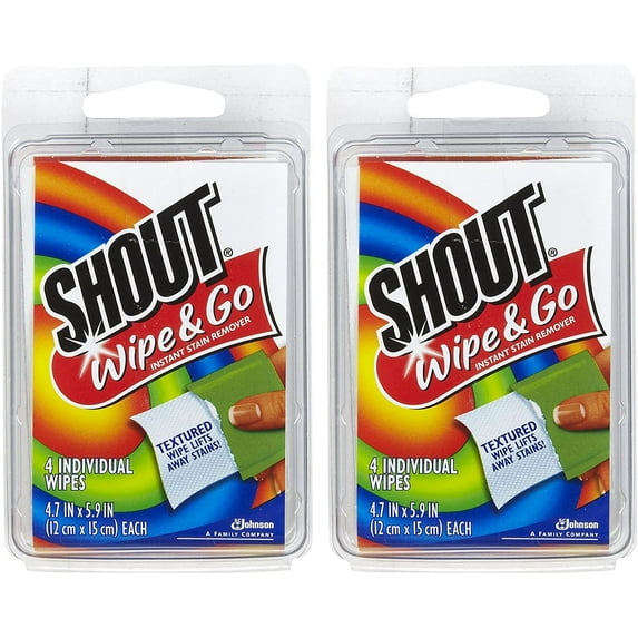 Shout Stain Remover Wipes, Travel Size - 4 Count - 2 Pack.