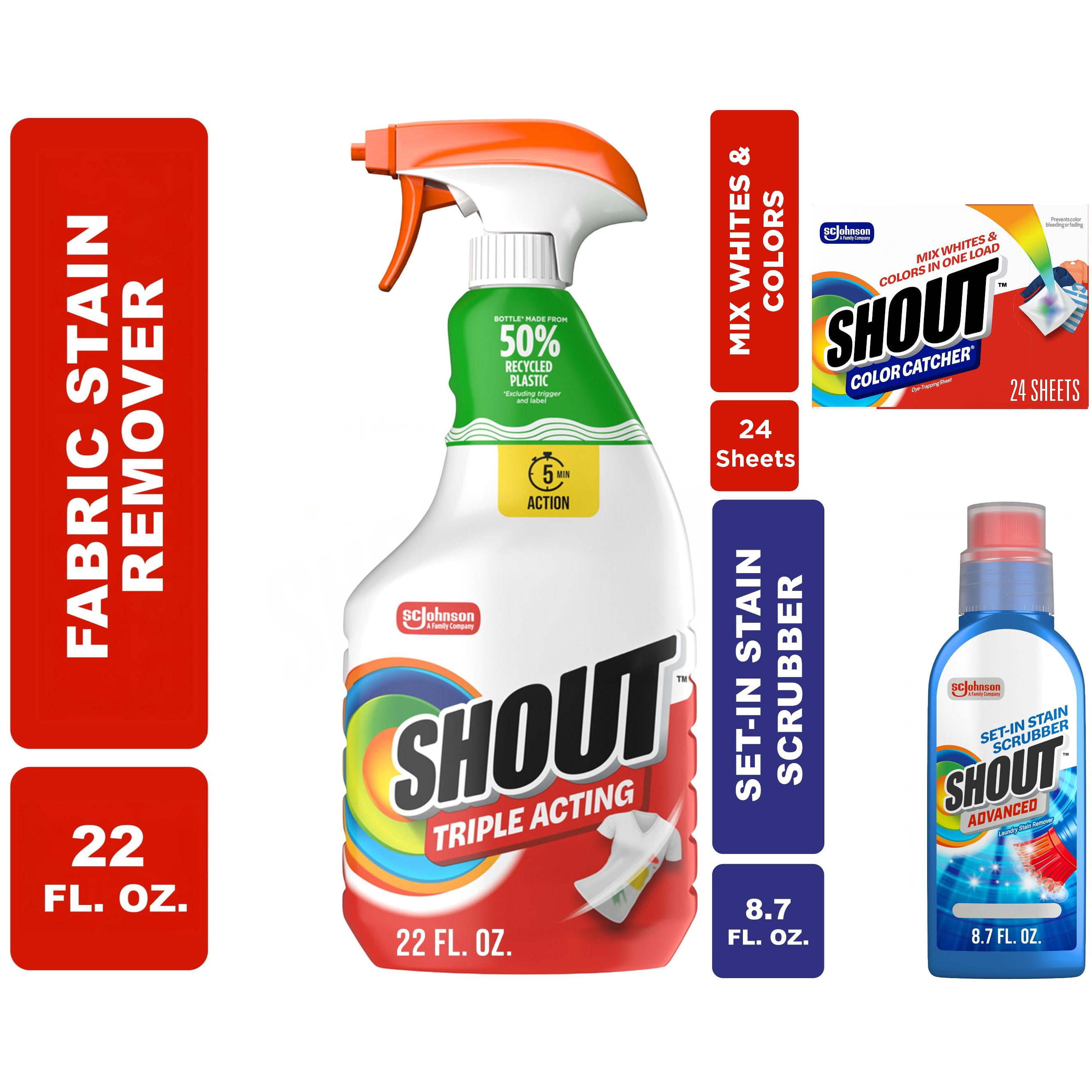 Shout Stain Spray 22oz, Shout Ultra Advanced Gel 8.7oz, and Shout Color Catcher 24ct Bundle