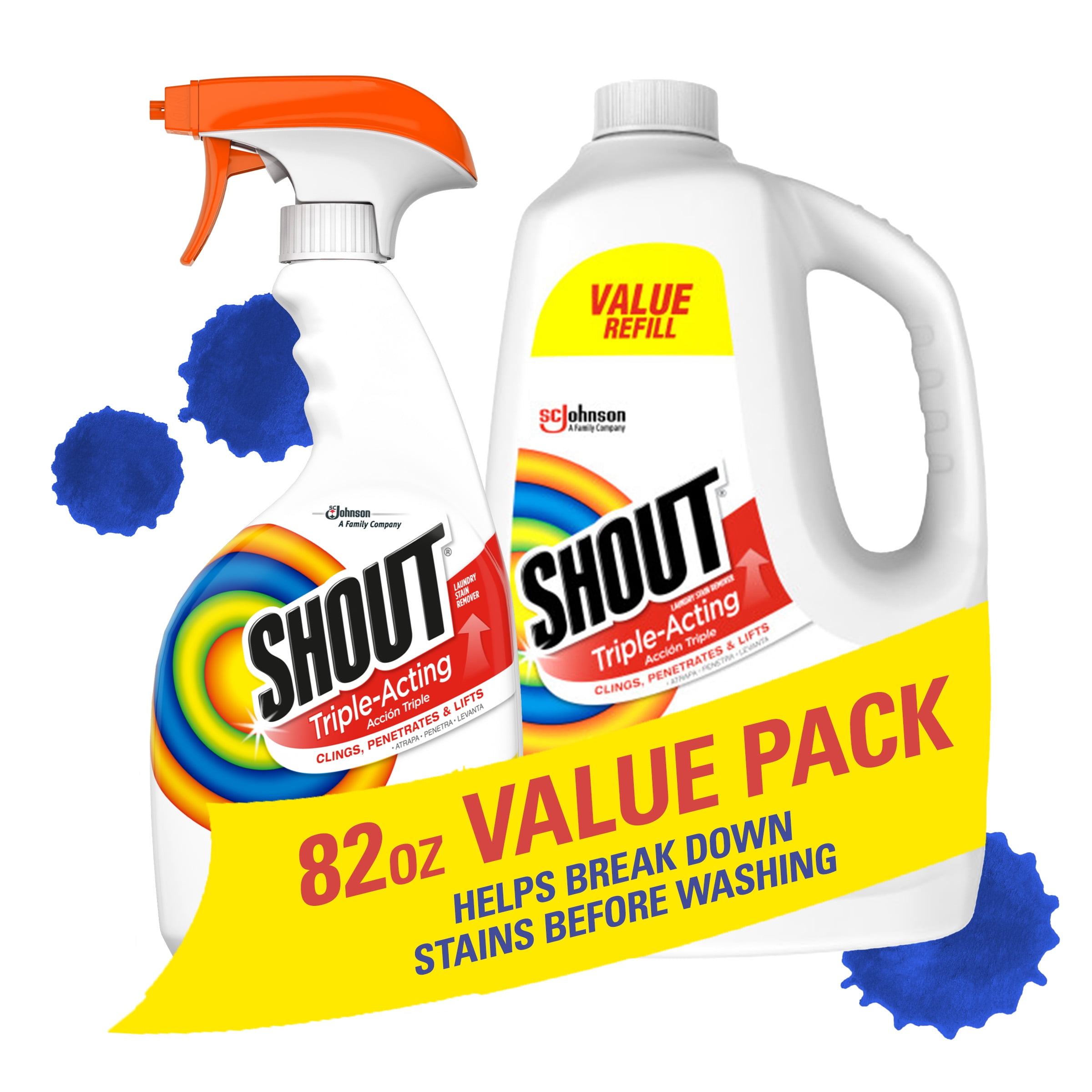 Shout Triple-Acting, Laundry Stain Remover Spray, 22 oz Trigger with 60 oz Refill