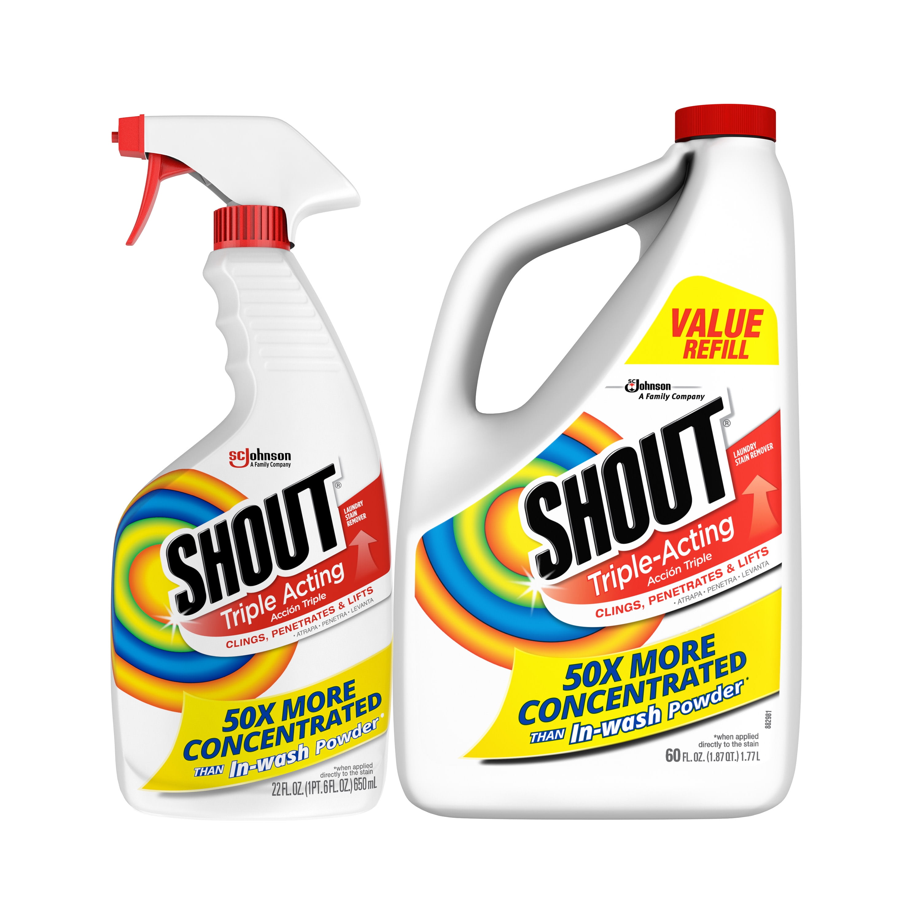Shout Triple-Acting, Laundry Stain Remover Spray, 22 oz Trigger with 60 oz Refill