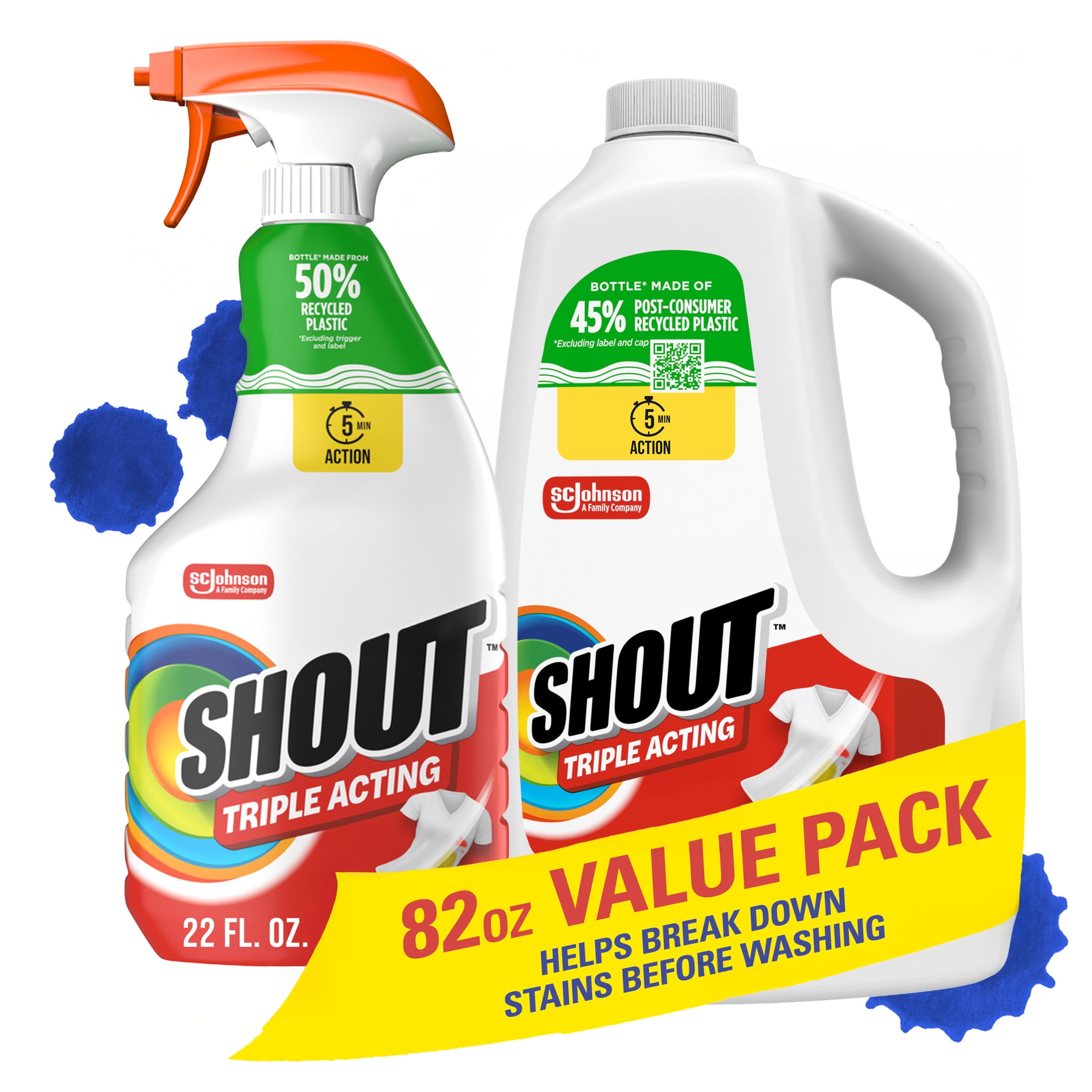 Shout Triple-Acting, Laundry Stain Remover Spray, 22 oz Trigger with 60 oz Refill