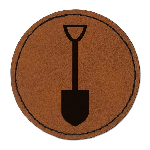 Shovel Silhouette Tools 2.5" Faux Leather Round Engraved Iron-On Patch - Brown