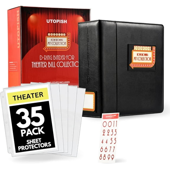 Show-Bill Binder with Sleeves Large 4 Theater Program Holder with 35 Sheet Protectors and Numbering Stickers Included - Broadway Gift with Full-Color Logo and Numbering Panel