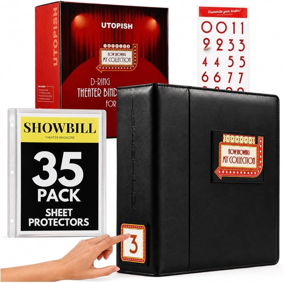 Show-Bill Binder with Sleeves - Large 4 Theater Program Holder with 35 Sheet Protectors and Numbering Stickers Included - Broadway Gift with Full-Color Logo and Numbering Panel