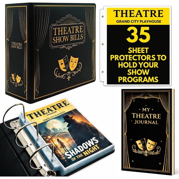 Show-Bill Binder & Theatre Journal Set Faux Leather Folder with 35 Sleeves, 86 Show Log Book Musical Theatre Program Organiser & Broadway Gift
