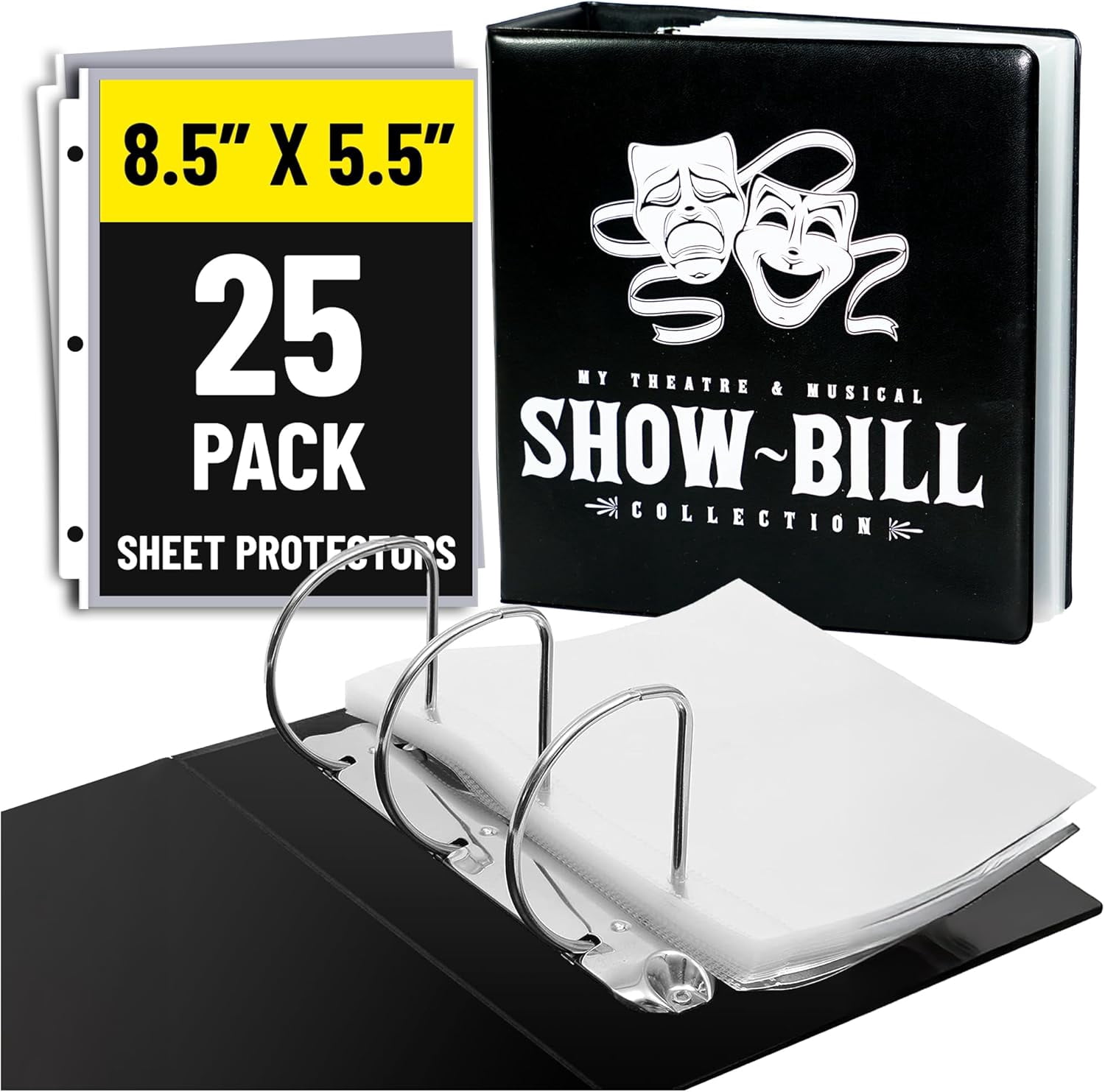 Show-Bill/Playbill Binder for Broadway and Theatre Show-Bills, Comes with 20 Sheet Protectors to Hold and Organize All Your Playbills, D-Ring, Black, by