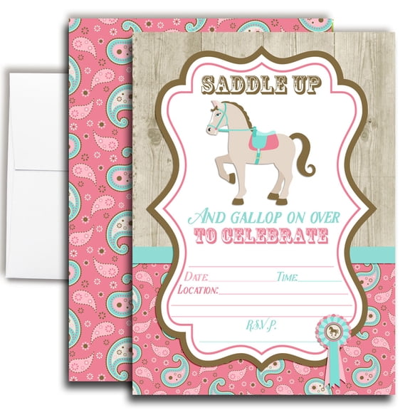 Show Horse, Horseback Riding Birthday Invitations for Kids, 20 Fill-In Cards with Envelopes, 5x7 Children's Party Invitations, Birthday Party Supplies, Made in USA by Amanda Creation