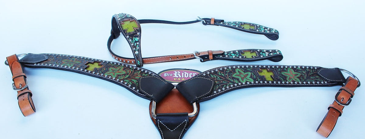 Ensemble Bride Western Cuir Pour Cheval – Lime Green – Collier De Poitrine Inclus – Taille Adulte