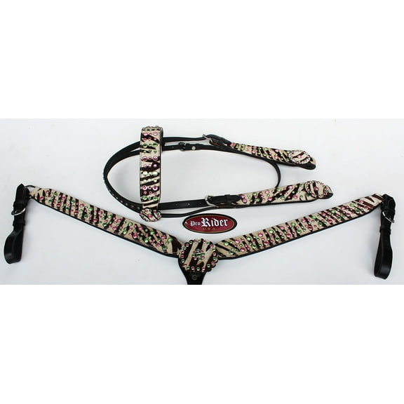 Show Tack Horse Bridle Western Leather Headstall Breast Collar Green Rodeo 8254
