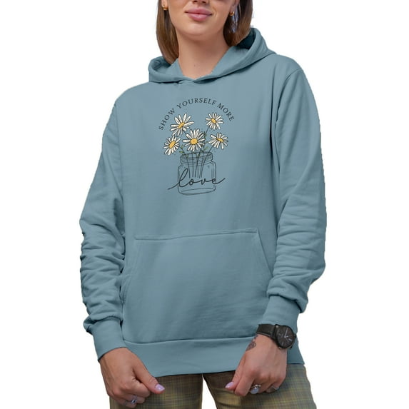 Show Yourself More Love Quote with Daisy Flowers in a Jar Art Merch Gift, Light Blue Hooded Sweatshirt or Hoodie, Medium