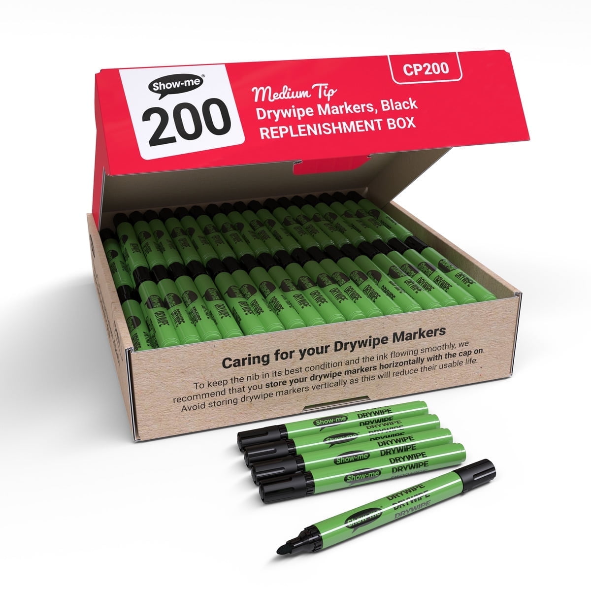 Show-me Box of 200 Medium Tip Slim Barrel Dry Erase Markers in Black